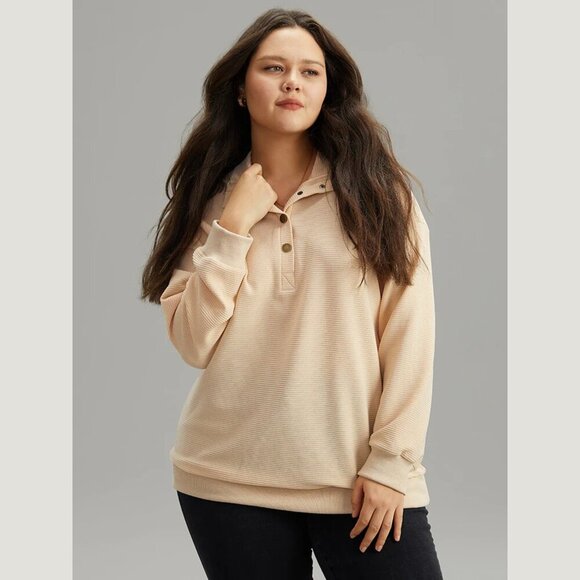 BloomChic Apricot Plisse Lapel Collar Button Up Sweatshirt - Picture 3 of 7